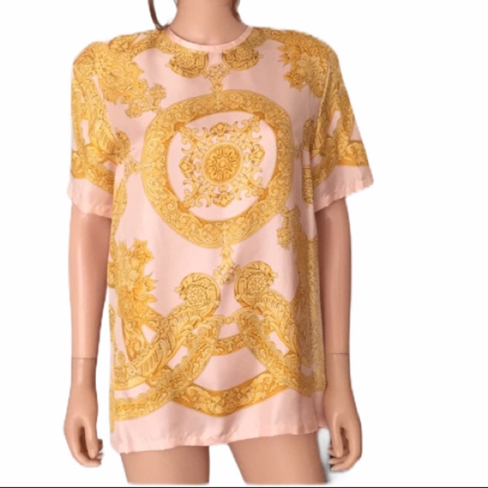Vintage NWOT Louis Feraud Silk Blouse Pink Gold Baroque Print Size 12
